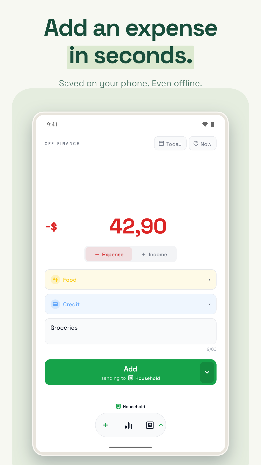 Quick Add with a grocery expense ready to save in the Household vault.