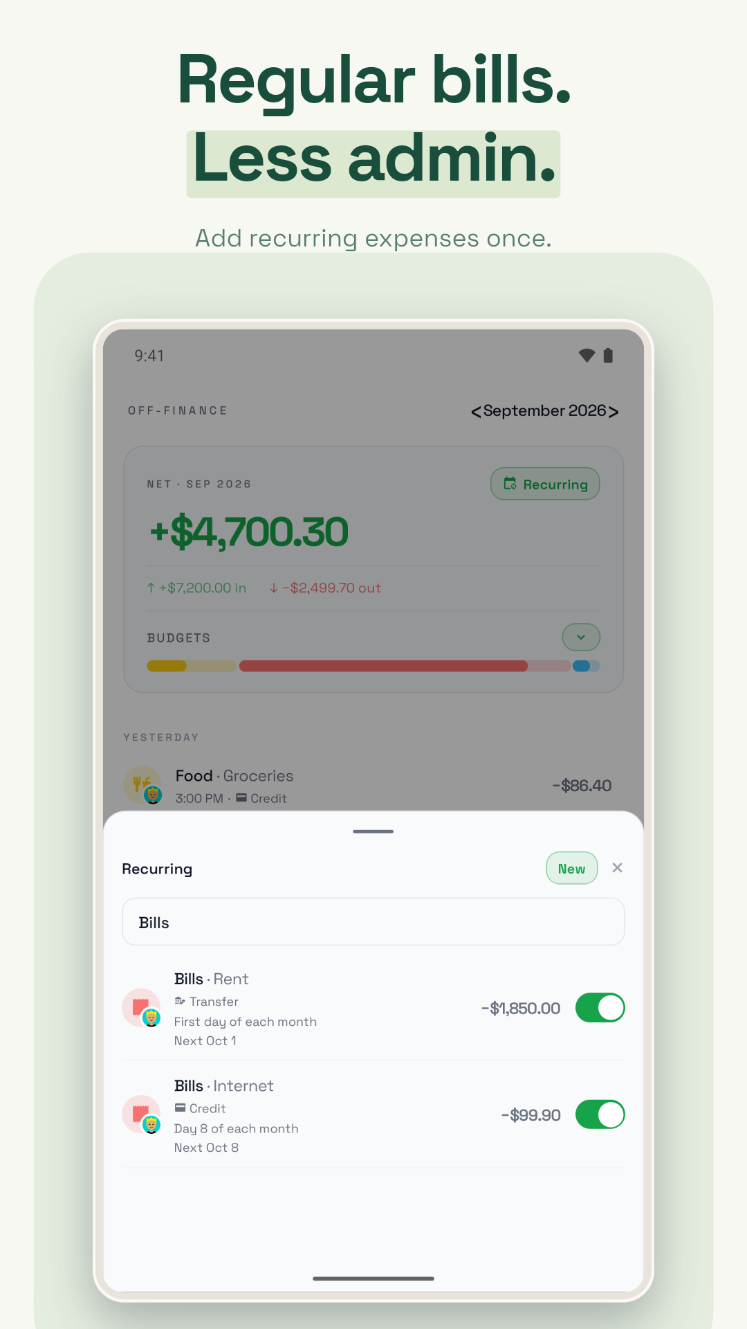 Recurring household bills with their amounts and schedules.