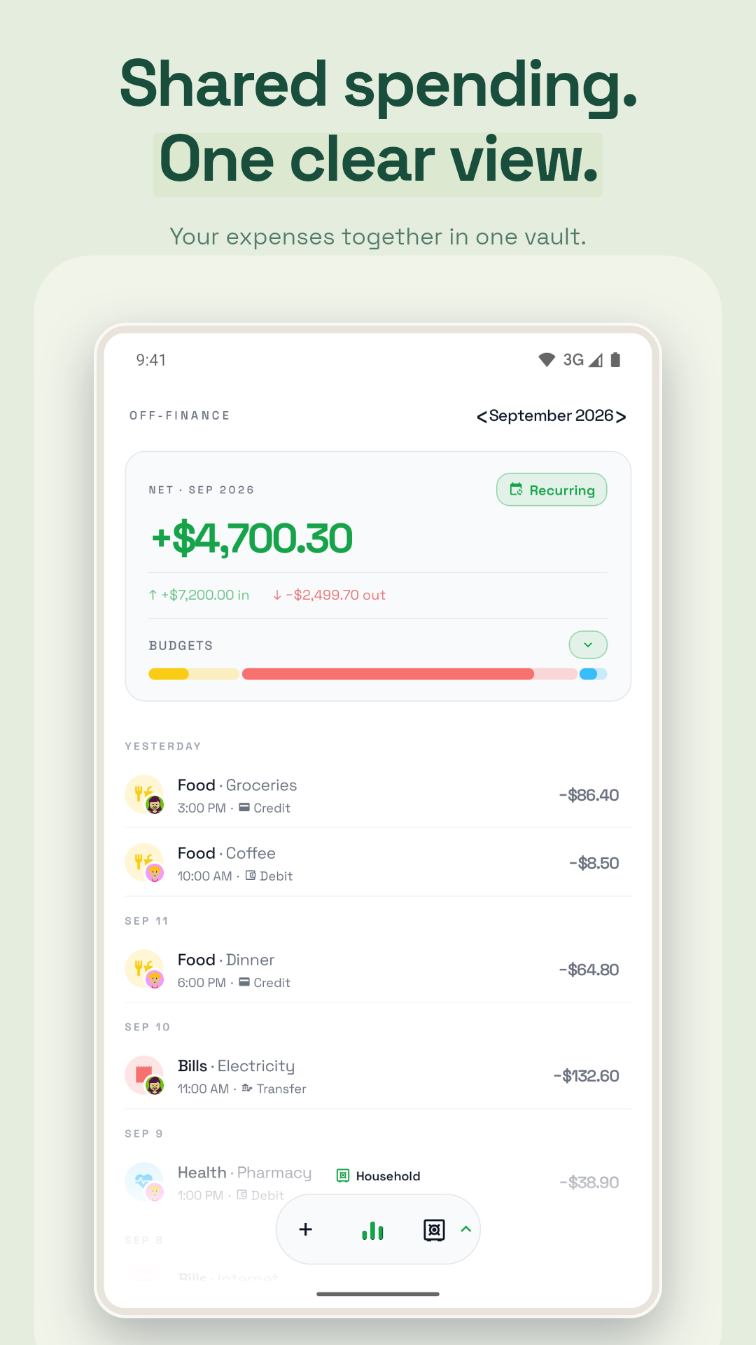 Shared Household vault with expenses added by Alex and Sam, identified by their avatar badges.