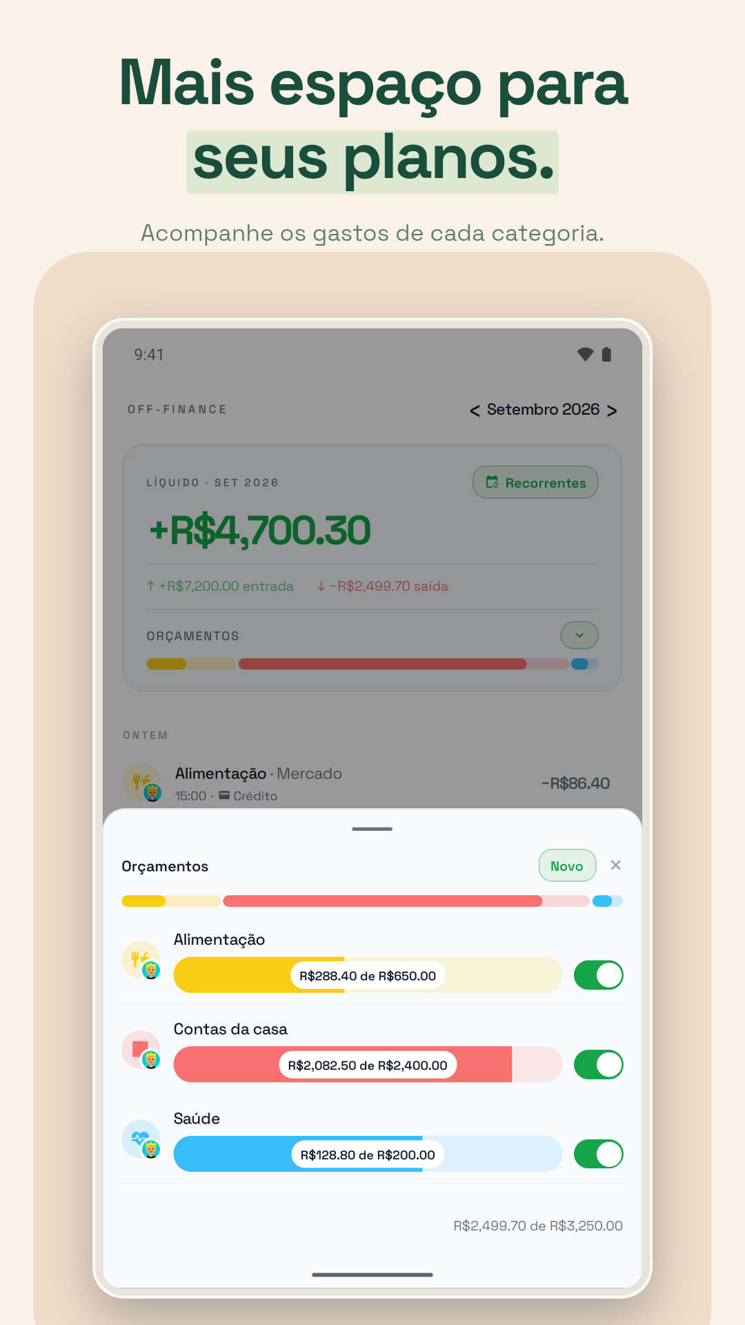 Orçamentos da casa com os gastos e os valores disponíveis.