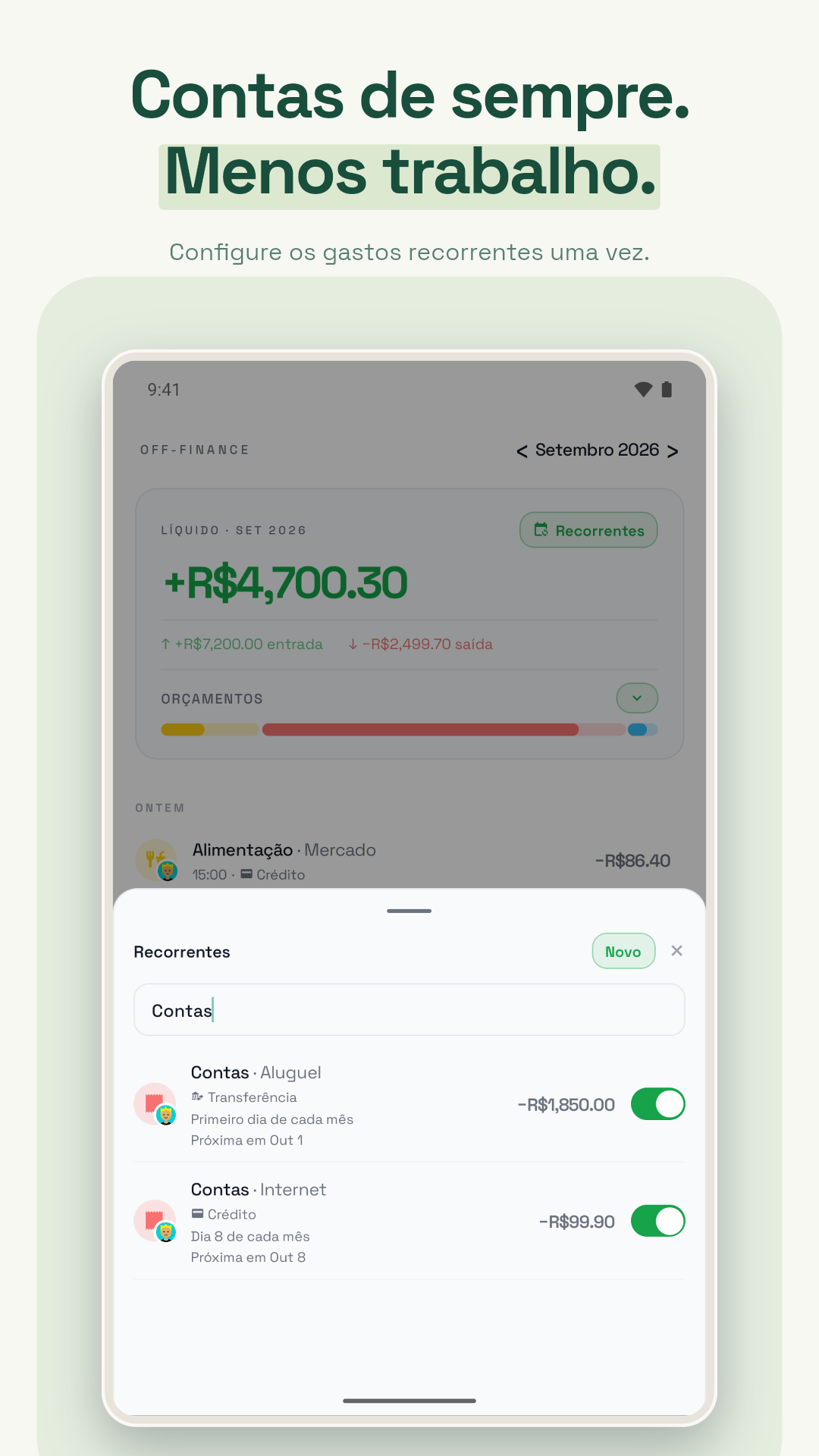 Contas recorrentes da casa com seus valores e datas.